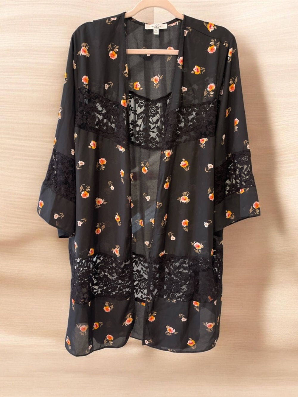 Moa Moa Black Sheer Floral Kimono with Pink and Orange Blooms
